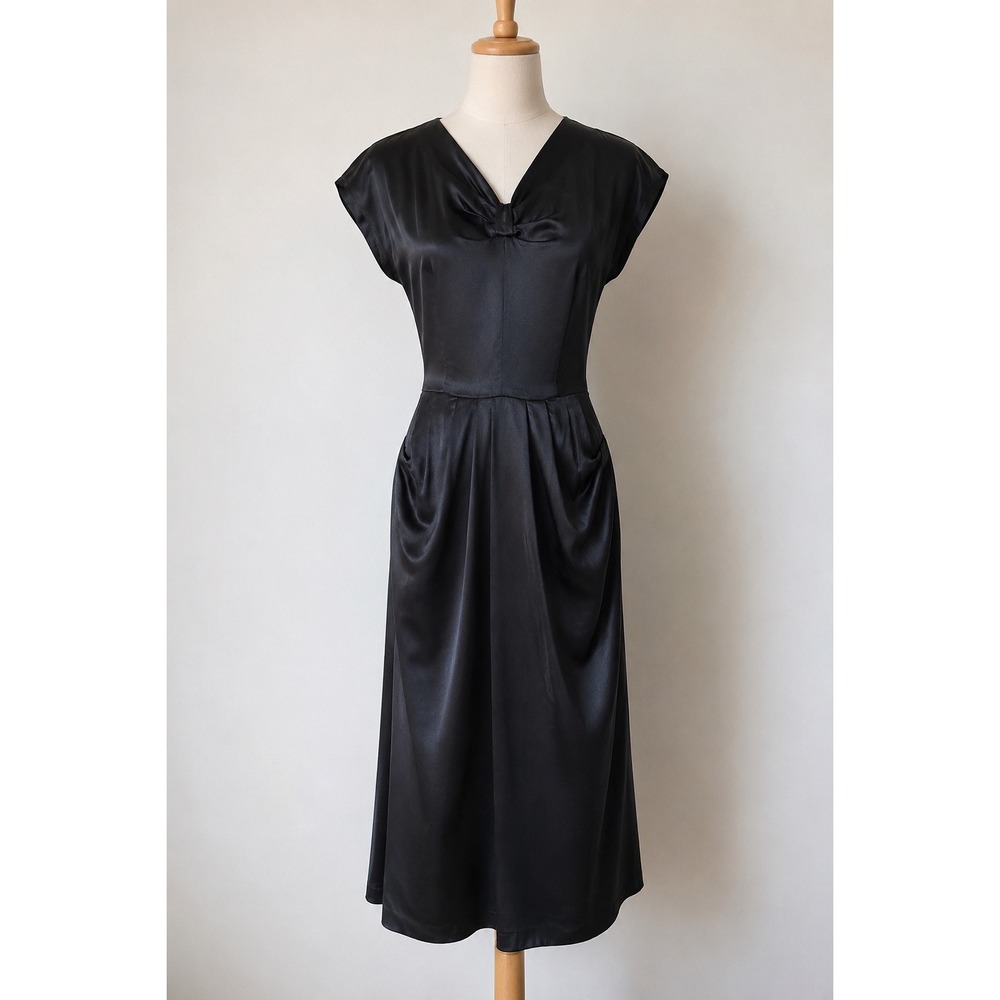 Vintage Justin McCarty Dallas Black Satin Cocktail Dress XS Bow Detail 50s‎ READ